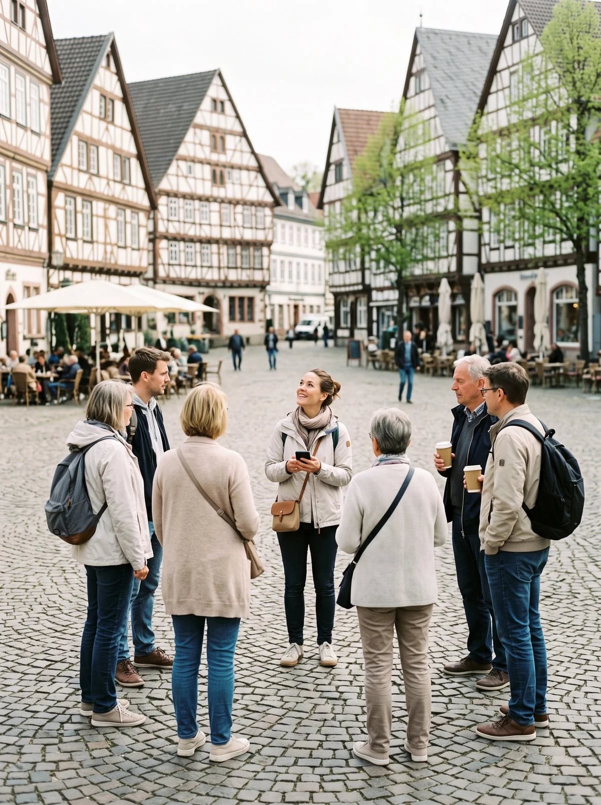 Stadtführerin prüft auf dem Handy die Namen ihrer Gruppe auf einem Altstadtplatz mit Fachwerkhäusern