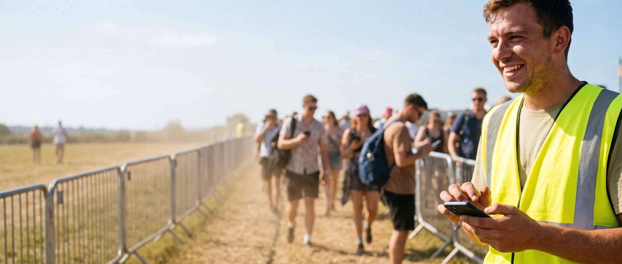 Crew-Mitglied in Warnweste scannt an einem hellen Sommernachmittag am Festivaleinlass Handy-Tickets, links kommen Gäste zwischen den Absperrgittern