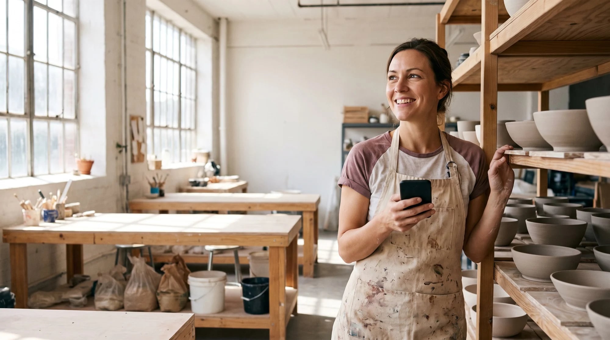 Kursleiterin mit Schürze und Handy in einer hellen Töpferwerkstatt, sie blickt lächelnd zu den Arbeitstischen
