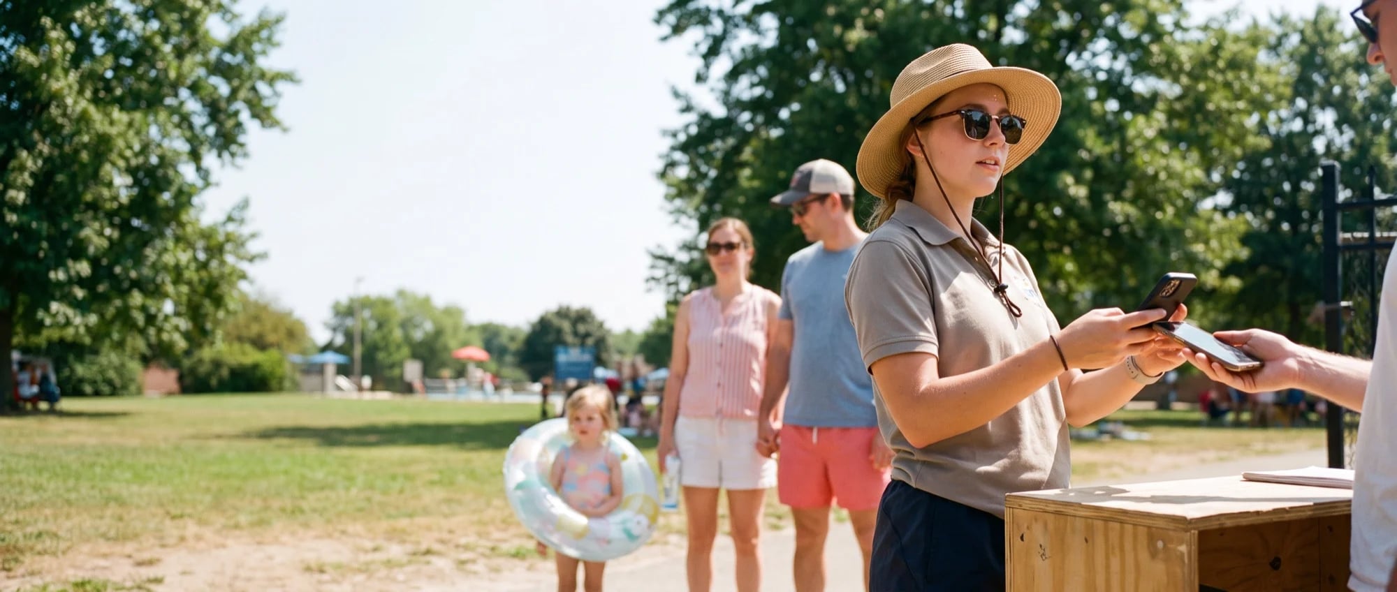 Mitarbeiterin mit Sonnenhut scannt am Eingang des Freibads ein Handy-Ticket, dahinter eine Familie mit Kind und Schwimmring