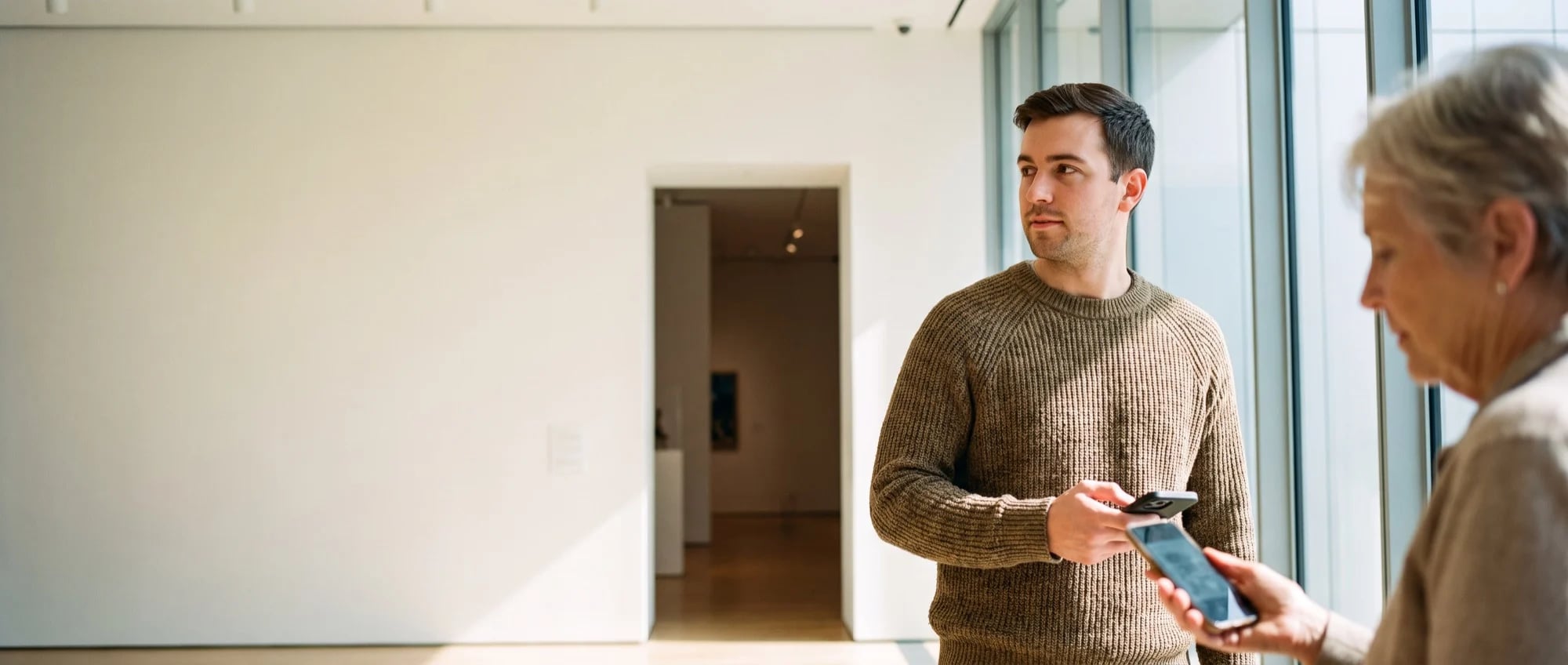 Mitarbeiter am Eingang zur Ausstellung mit Handy, vorn eine Besucherin mit ihrem Handy-Ticket