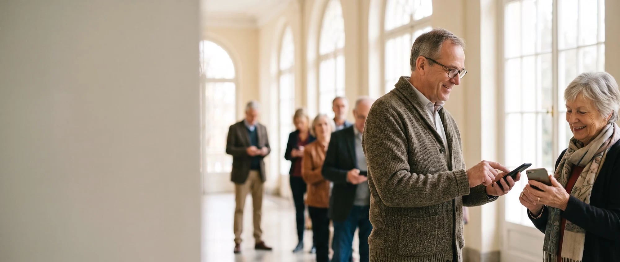 Einlassmitarbeiter scannt im hellen Theaterfoyer das Handy-Ticket einer älteren Besucherin, dahinter warten weitere Gäste