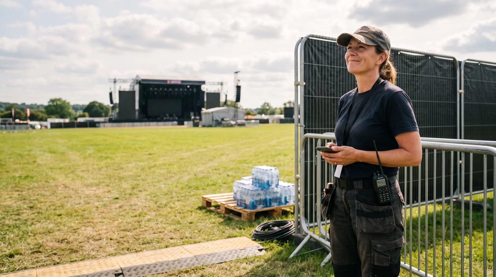 Produktionsleiterin mit Cap und Funkgerät steht am Bauzaun des leeren Festivalgeländes, Handy in der Hand, im Hintergrund die Bühne