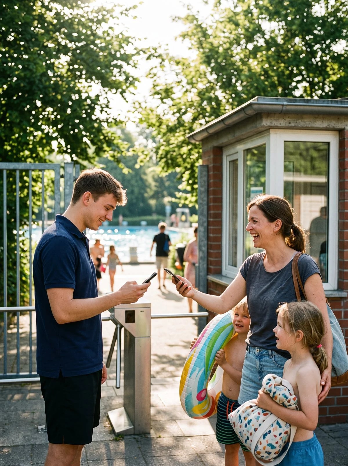 Mitarbeiter am Drehkreuz eines Freibads scannt das Handy-Ticket einer lachenden Mutter, ihre Kinder tragen Schwimmringe