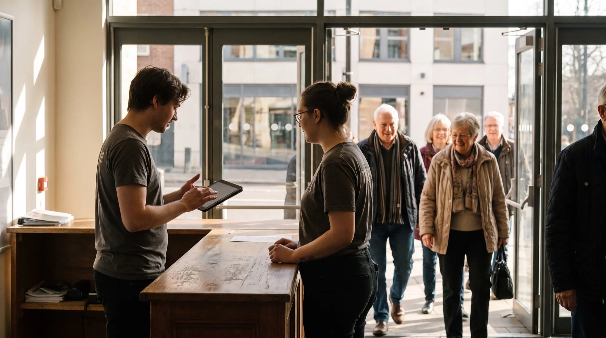 Theaterteam im hellen Foyer mit Tablet, Gäste kommen herein
