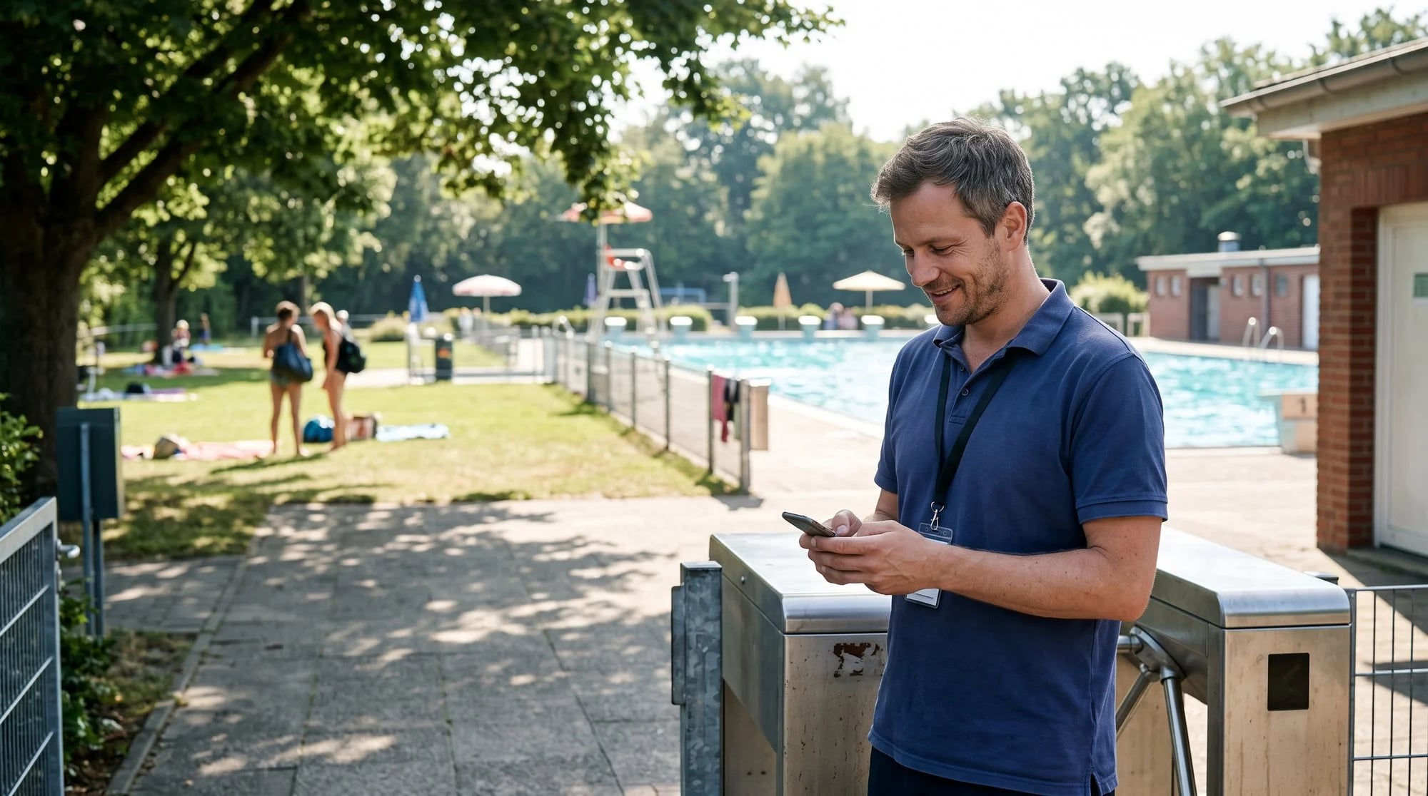 Schwimmmeister am Drehkreuz eines Freibads schaut lächelnd auf sein Handy, hinter ihm Becken und Liegewiese am Morgen