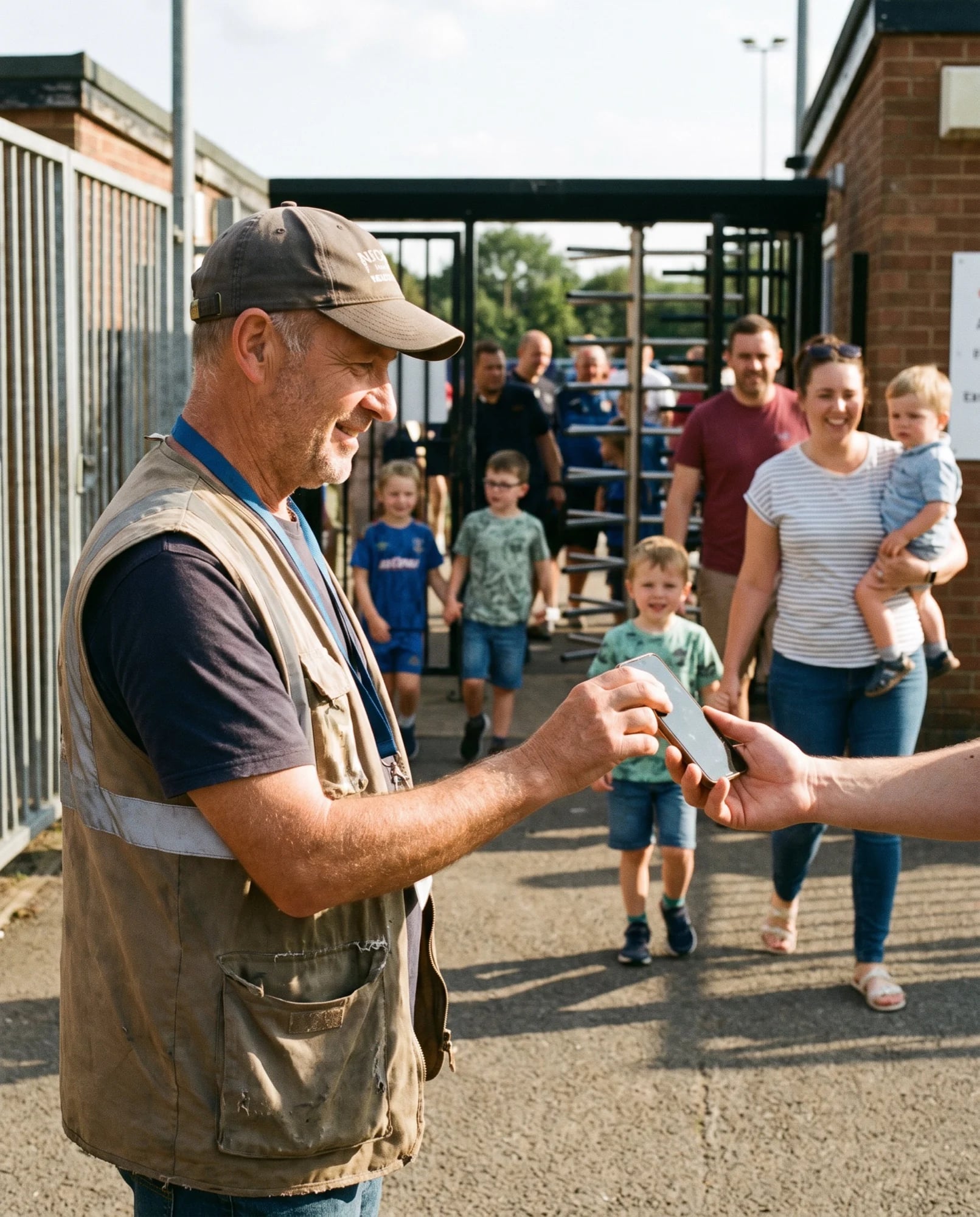 Ehrenamtlicher scannt am Eingang eines Sportplatzes ein Handy-Ticket, Familien kommen herein