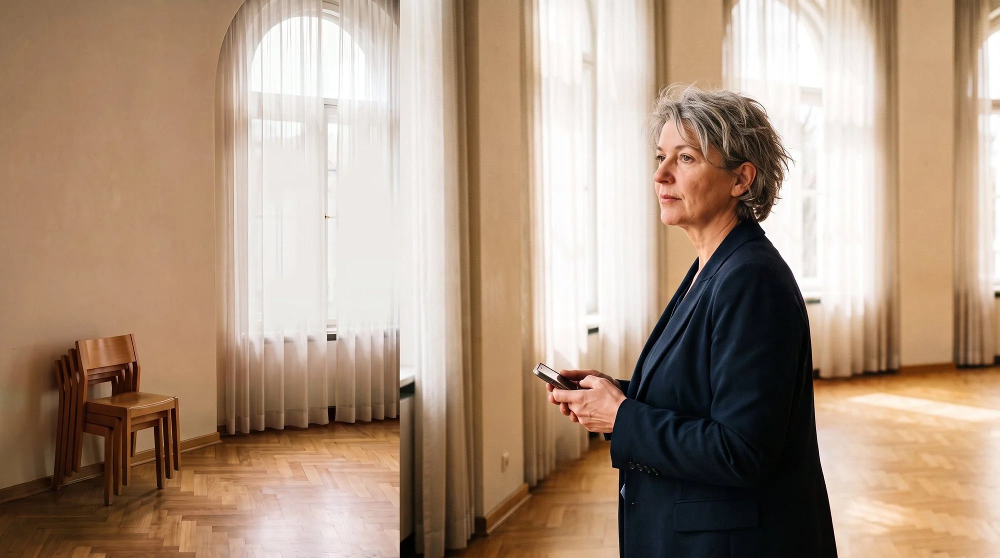 Intendantin mit Handy im hellen, leeren Theaterfoyer, sie blickt zu den hohen Fenstern