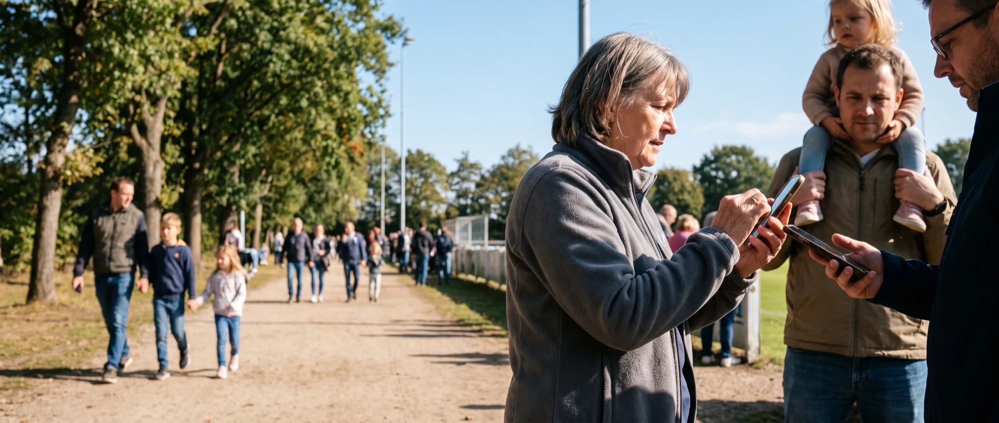 Ehrenamtliche scannt am Eingang des Sportplatzes ein Handy-Ticket, Familien kommen den Weg herauf