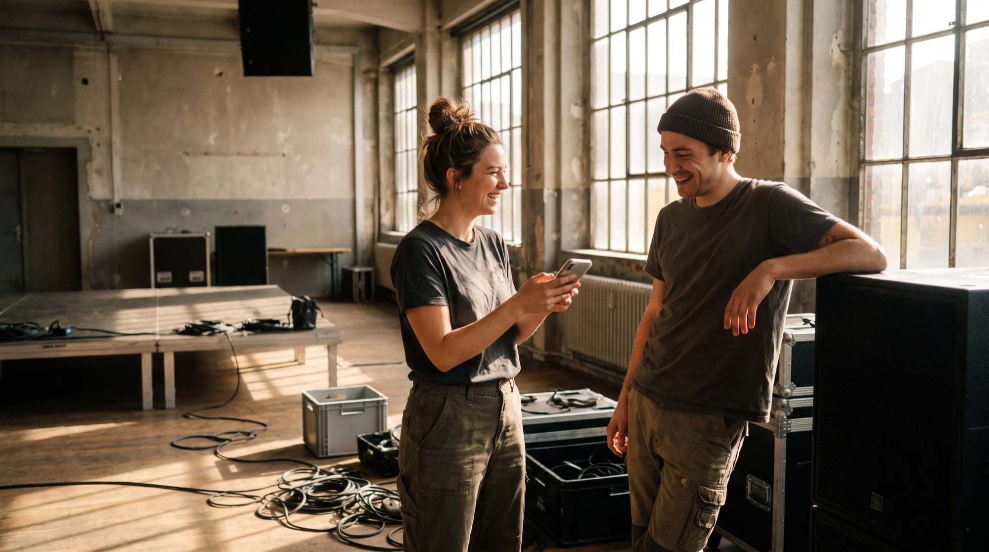 Veranstalterin zeigt ihrem Kollegen lachend etwas auf dem Handy, hinter ihnen eine helle Fabrikhalle mit Bühne, Kabeln und Flightcases