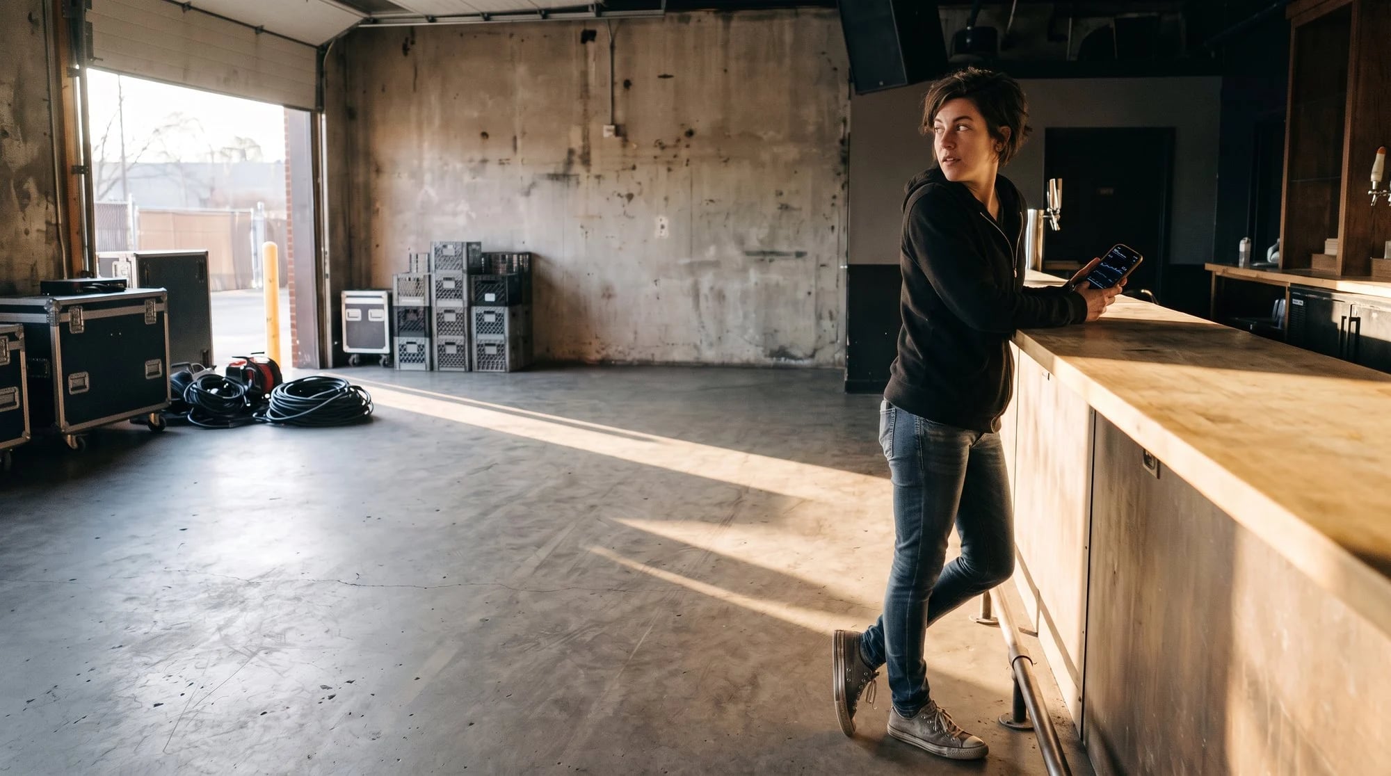 Veranstalterin lehnt am Nachmittag im leeren Club an der Bar, hält ihr Handy mit den Ticketverkäufen und blickt über die Schulter zur Tanzfläche