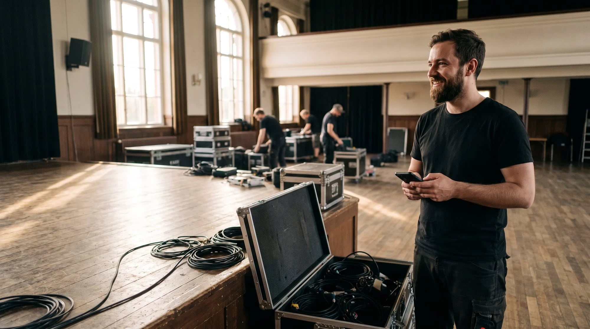 Tontechniker steht nach einer Show in der hellen Halle neben einem Flightcase, hält sein Handy und blickt lächelnd zur Bühne, im Hintergrund baut die Crew ab